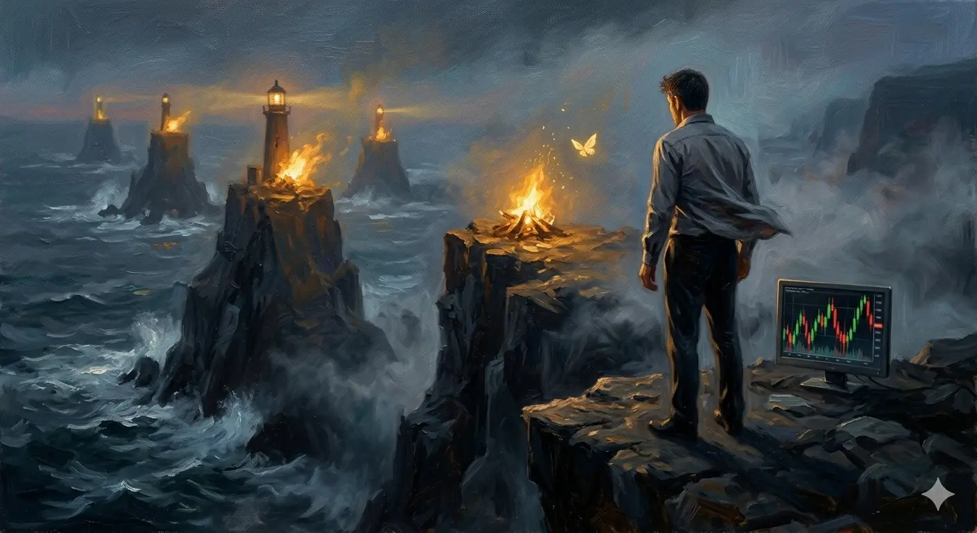 안개 낀 절벽에서 가짜 등불(반등)을 쫓는 투자자의 모습을 담은 회화풍 이미지
