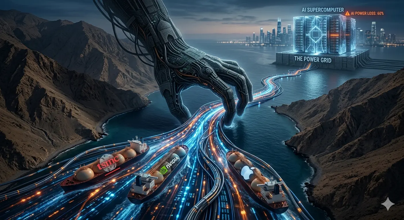 호르무즈 해협이 TSMC와 엔비디아의 AI 공급망 목줄을 쥐고 있는 비유적 이미지