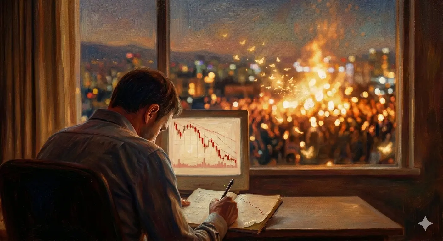 주식 물타기 심리: 어두운 방에서 하락 차트를 보며 간절하게 마음속 계산기를 두드리는 고독한 투자자와 창밖 멀리 불나방처럼 타오르는 군중의 열기