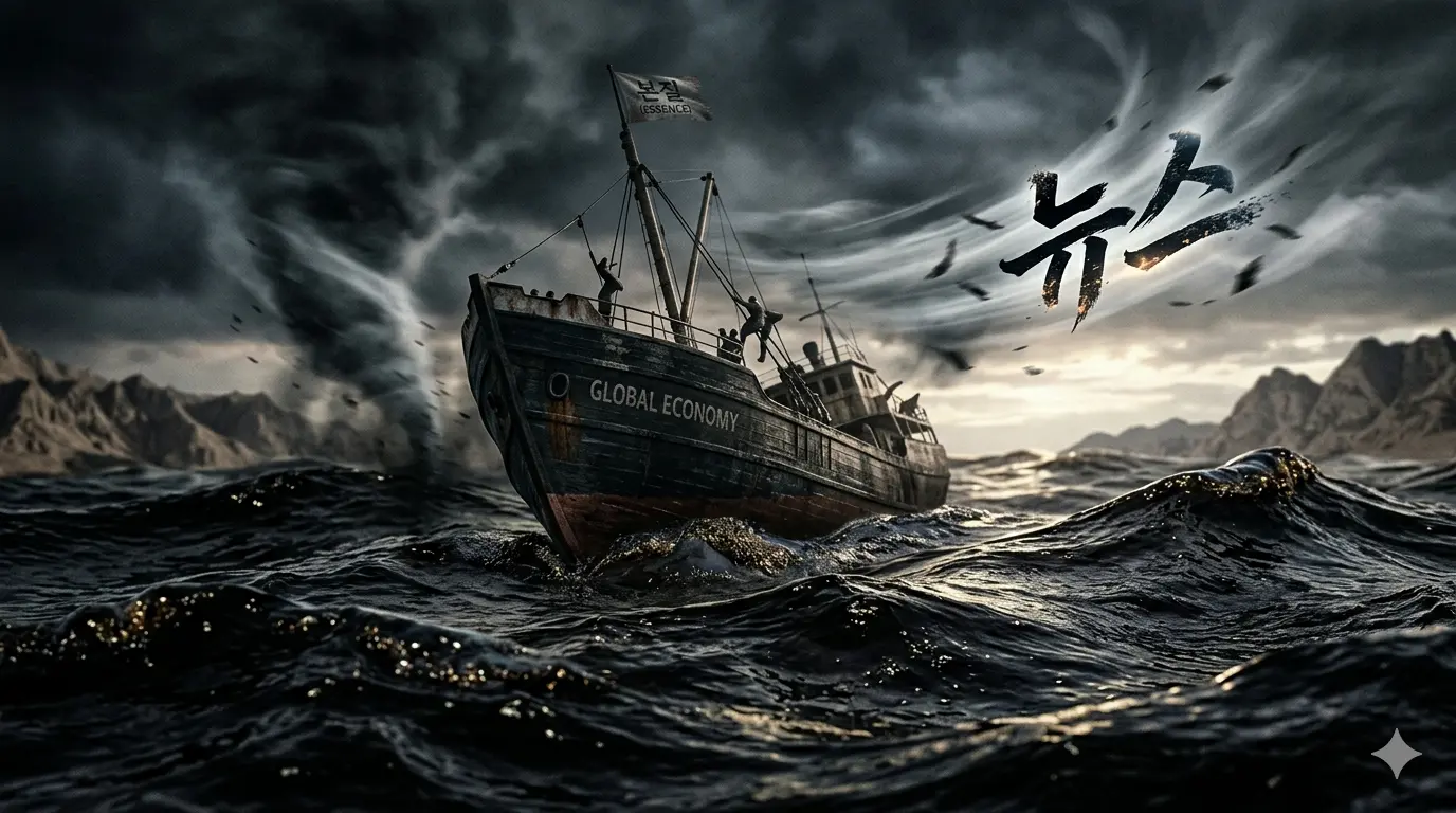 기름 파도가 치는 검은 바다 위에서 뉴스 바람에 휘청이는 글로벌 경제 선박과 본질 깃발