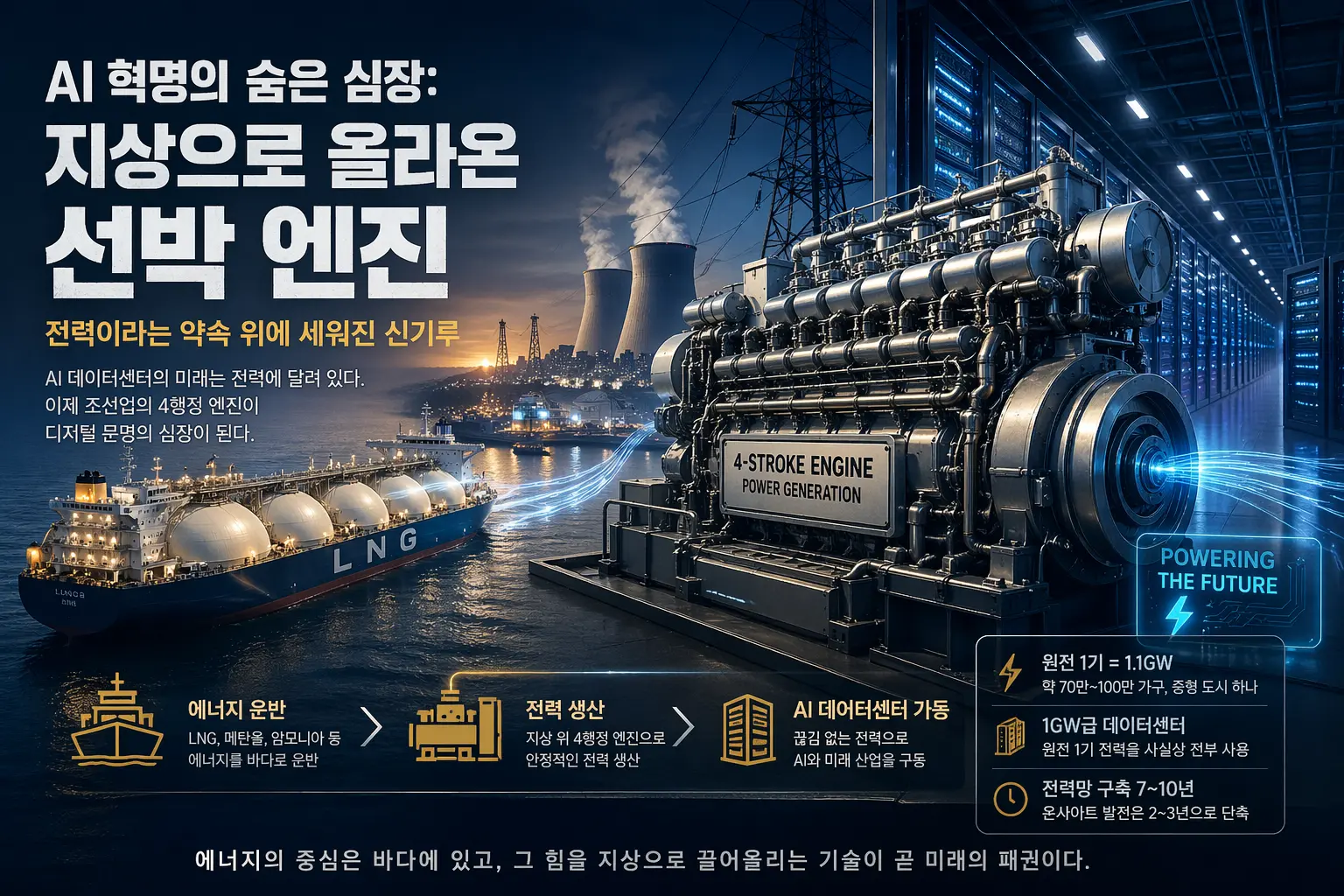 AI 데이터센터와 대형 선박 엔진, LNG 운반선, 발전소를 함께 표현한 인포그래픽 이미지. 전력 부족 시대에 선박 엔진이 AI 인프라의 핵심 동력으로 떠오르는 모습을 상징적으로 보여준다.