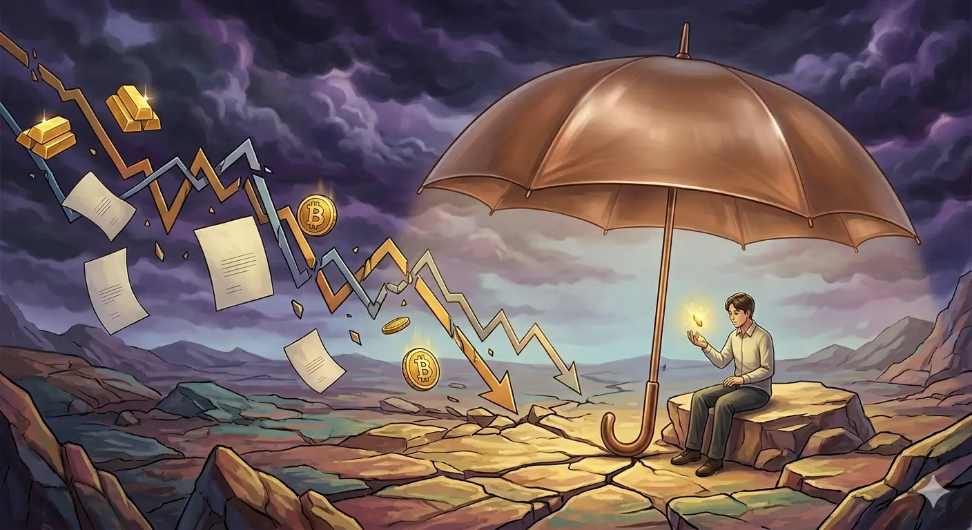 금 채권 비트코인 동반 하락의 폭풍우 속에서 임시 우산을 쓰고 진짜 가치 자산을 선별하는 투자자의 성찰을 담은 대표 이미지