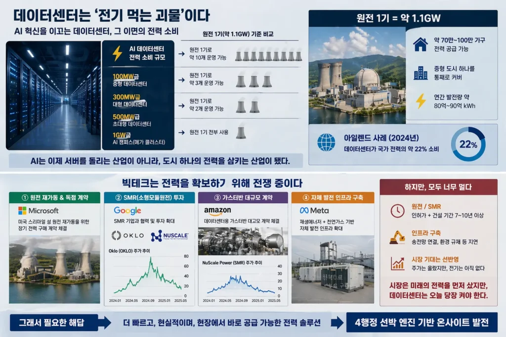 데이터센터 전력난 심화와 AI 산업의 전력 부족 문제를 보여주는 인포그래픽 이미지. 데이터센터 전력 소비를 원전 1기 규모와 비교하고, 빅테크 기업들의 원전·SMR·가스터빈 투자 전략을 정리했다.