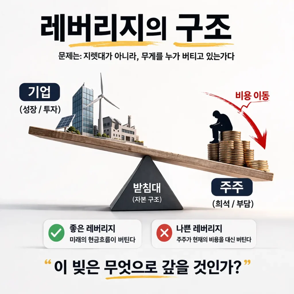 레버리지 구조에서 압력이 자본 구조를 따라 이동하고 주주에게 영향을 미치는 과정을 설명한 도식