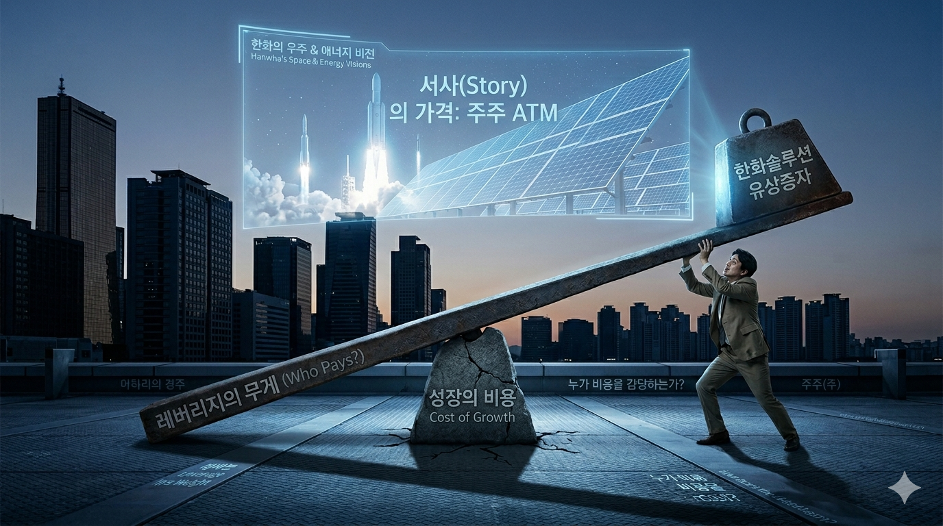 한화솔루션 유상증자 이슈와 레버리지의 무게를 견디는 주주를 형상화한 이미지