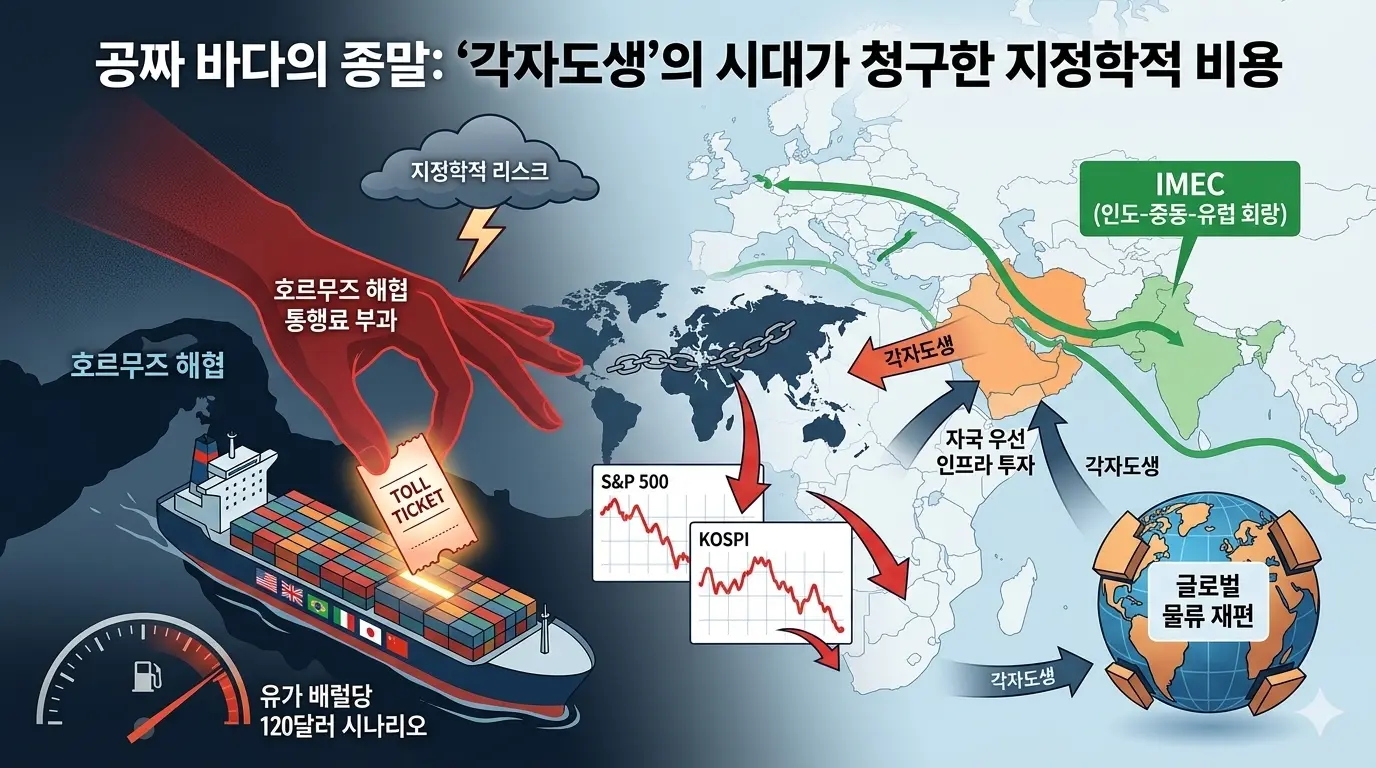 이란 의회의 호르무즈 해협 통행료 부과 법안 통과와 글로벌 유가 120달러 상승 시나리오 인포그래픽