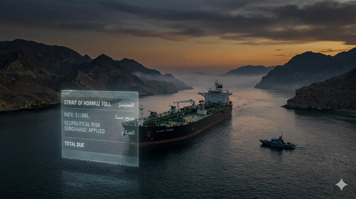 안개 낀 호르무즈 해협을 지나는 유조선과 배럴당 1달러의 통행료(Strait of Hormuz Toll)가 적힌 가상 홀로그램 영수증 이미지