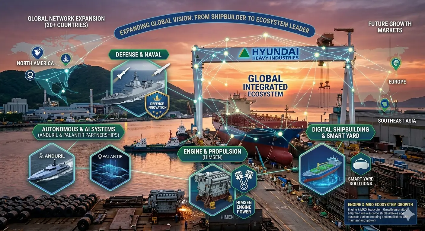 현대중공업 글로벌 생태계 인포그래픽 - 방산, MRO, 안두릴 협력 및 힘센엔진 서사