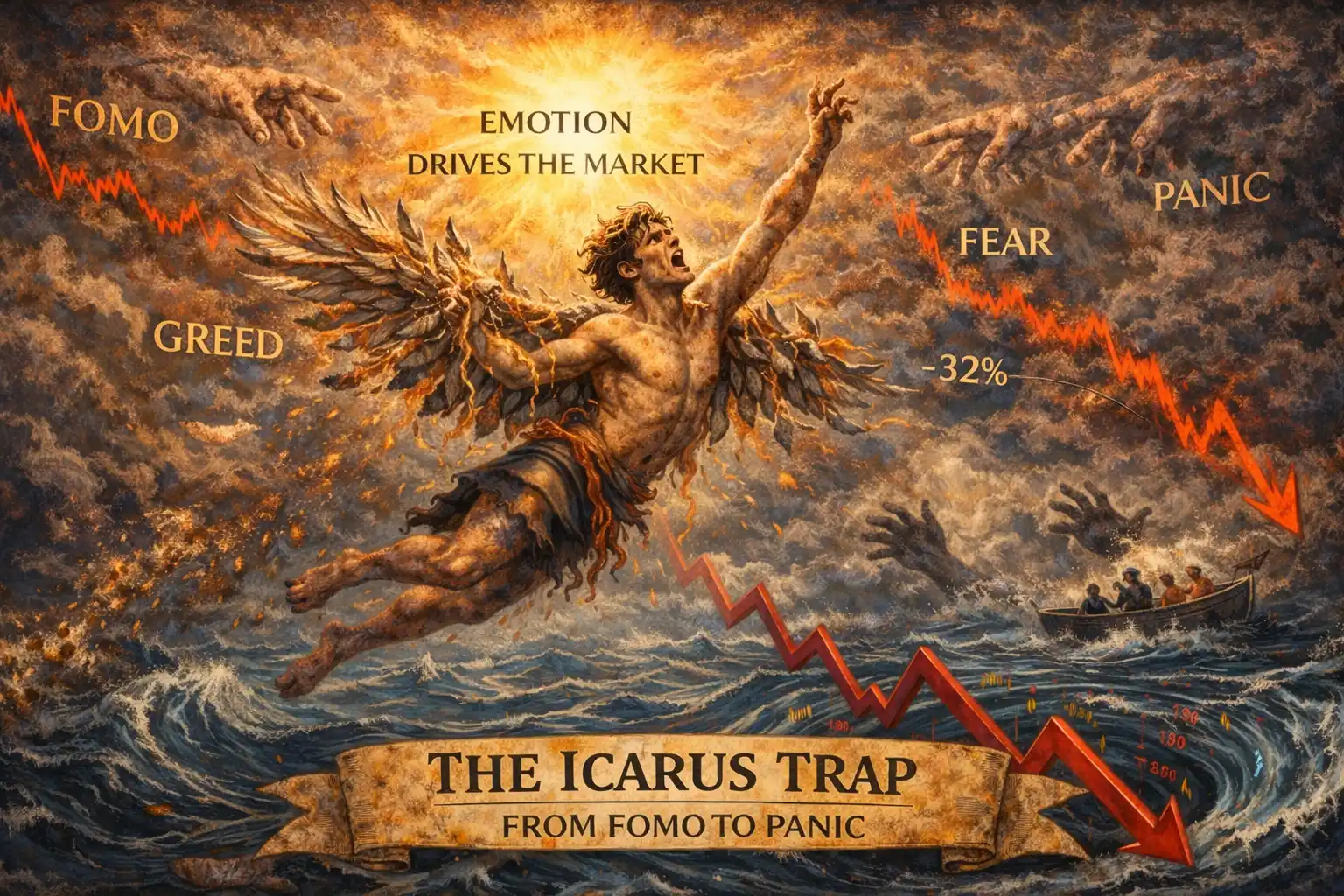 이카루스 신화를 활용해 FOMO와 공포, 손실 회피로 이어지는 바이오 주식 투자 심리를 표현한 이미지