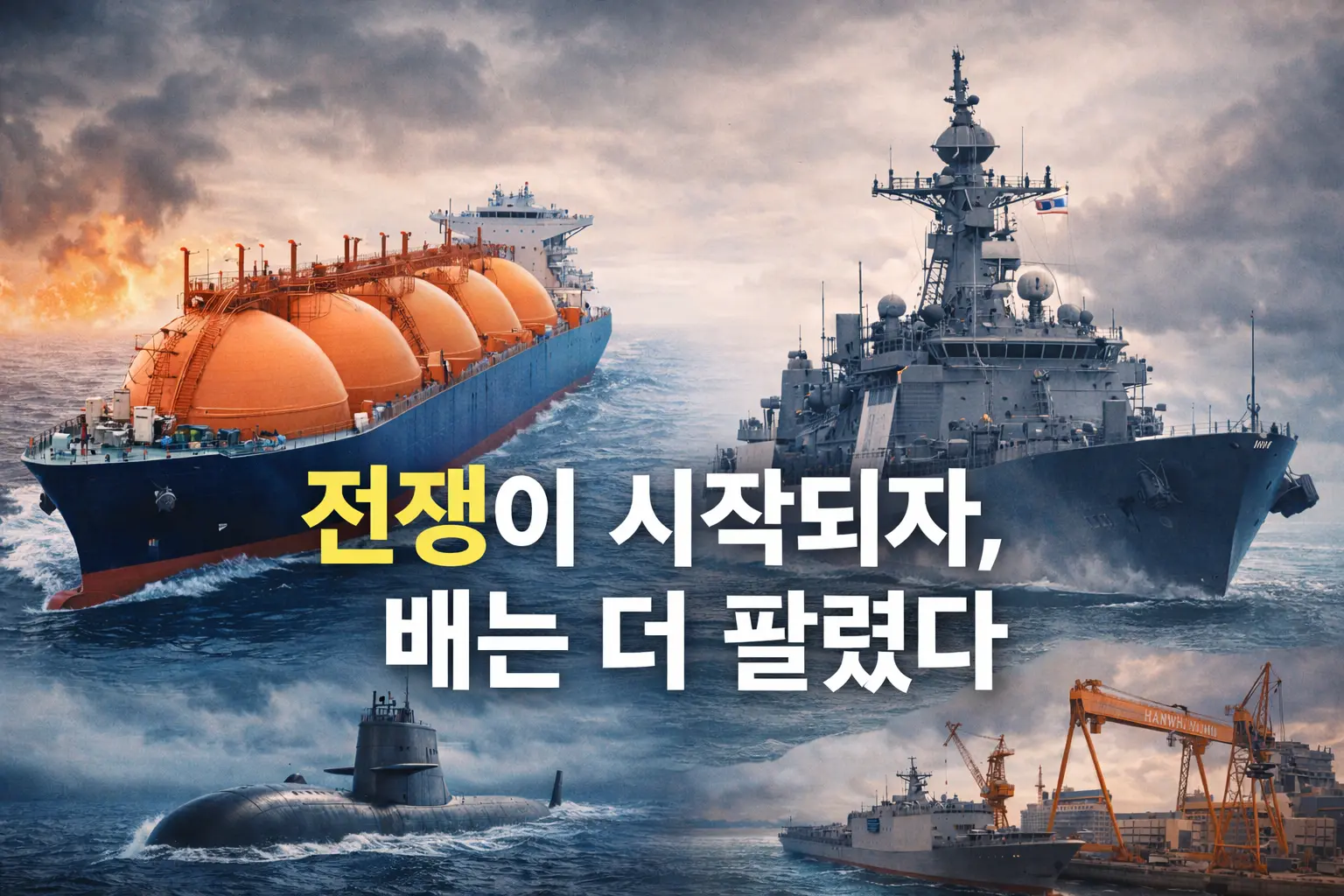 조선주 전망을 보여주는 대표 이미지로 LNG 운반선과 군함, 조선소를 통해 에너지와 방산 수요 증가를 표현한 이미지