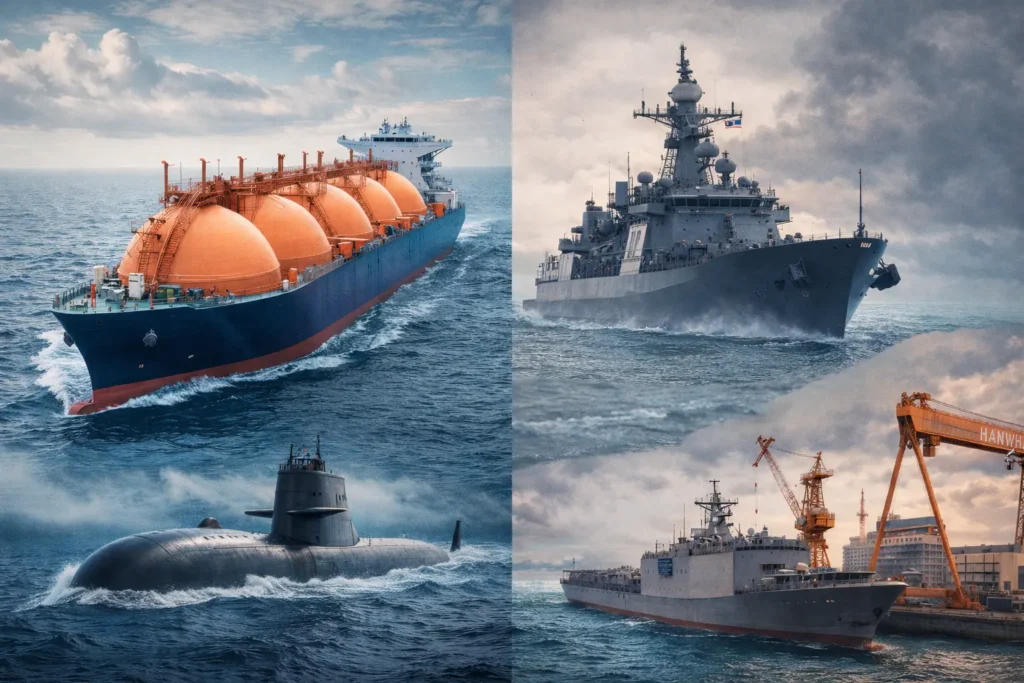 2026 조선주 전망을 LNG 운반선과 군함, 조선소를 통해 에너지와 방산이 결합된 새로운 산업 구조를 보여주는 이미지

에너지와 방산이 결합되면서, 조선업의 역할은 완전히 달라졌다