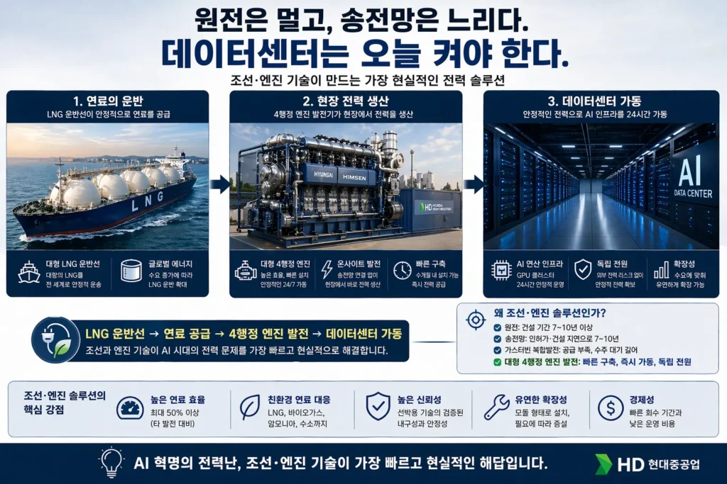 데이터센터 전력난 해결 방안으로 LNG 운반선, 4행정 선박 엔진 발전기, AI 데이터센터를 연결한 인포그래픽 이미지. 조선 엔진 기술이 데이터센터 전력 공급 해법이 되는 구조를 보여준다.