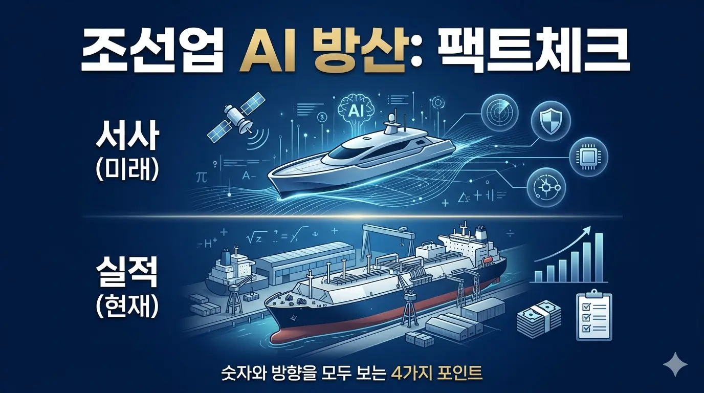 조선업 AI 방산 서사 및 미국 재건 프로젝트 분석 인포그래픽 - 실적과 미래 가치 비교