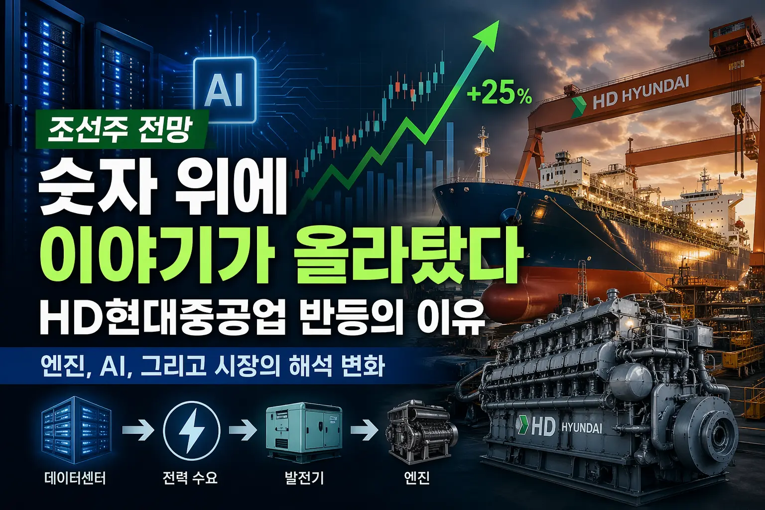 조선주 전망을 설명하는 이미지로, HD현대중공업 조선소와 선박, 엔진, AI 데이터센터와 전력 연결 구조를 함께 보여주는 그래픽