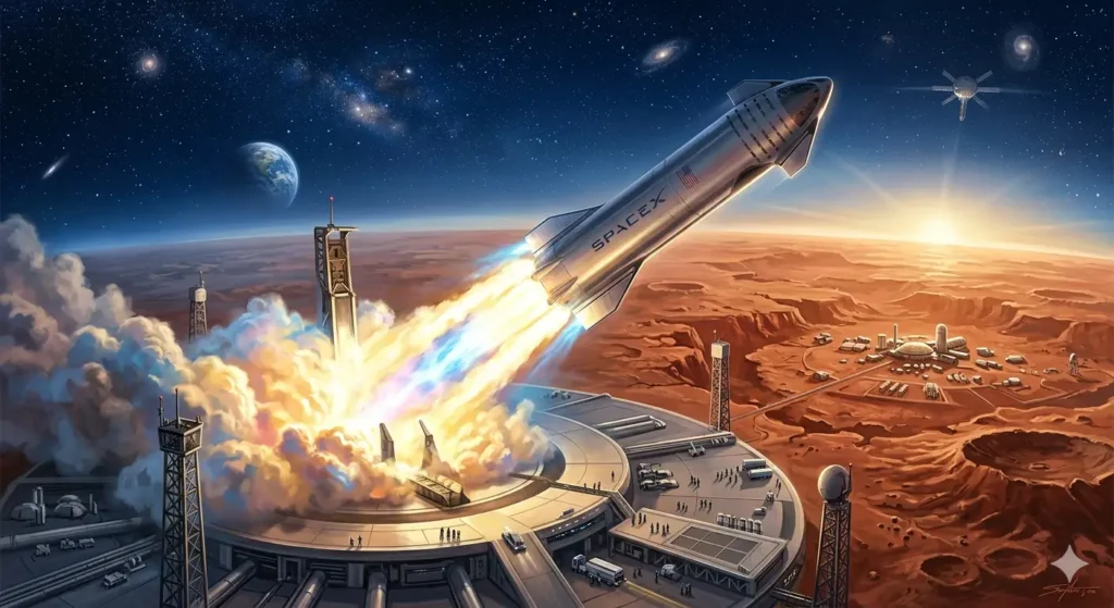 화성 이주를 꿈꾸며 이륙하는 거대한 우주선의 웅장한 모습과 미래 우주 개척의 비전을 담은 콘셉트 아트.
스토리는 현실보다 먼저 도착한다. 아직 숫자로 증명되지 않은 미래일지라도, 위대한 서사는 자본의 흐름을 바꾼다.