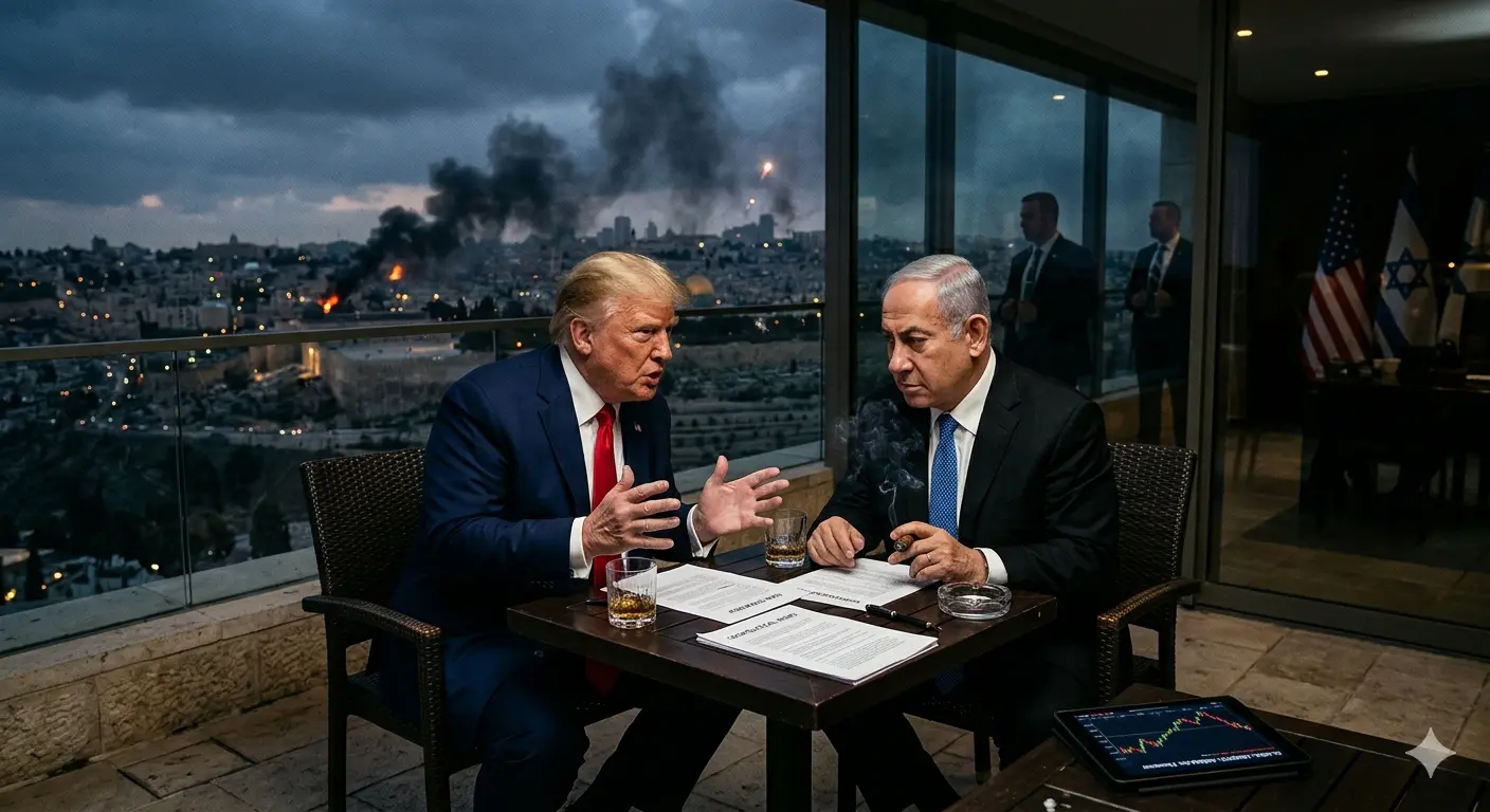 밤의 도시를 배경으로 테라스에서 심각하게 대화하는 도널드 트럼프와 베냐민 네타냐후, 그리고 그 옆의 주식 차트 태블릿