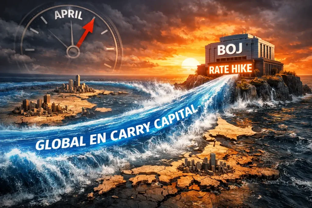 BOJ 금리 인상으로 엔캐리 트레이드가 청산되며 글로벌 자금이 일본으로 회귀하고 시장 변동성이 커지는 상황을 표현한 이미지
BOJ 금리 인상이 시작되면, 엔캐리 자금은 방향을 바꾼다.
문제는 그 속도다.