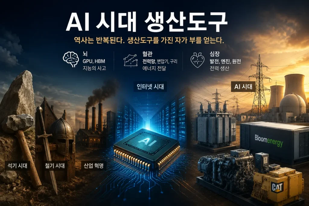 석기 시대부터 AI 시대까지 생산도구의 변화를 표현한 이미지. GPU, 데이터센터, 전력망, 원전, 엔진 발전기 등이 함께 배치된 AI 인프라 개념 아트.