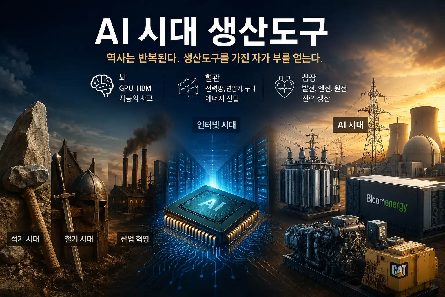 석기 시대부터 AI 시대까지 생산도구의 변화를 표현한 이미지. GPU, 데이터센터, 전력망, 원전, 엔진 발전기 등이 함께 배치된 AI 인프라 개념 아트.