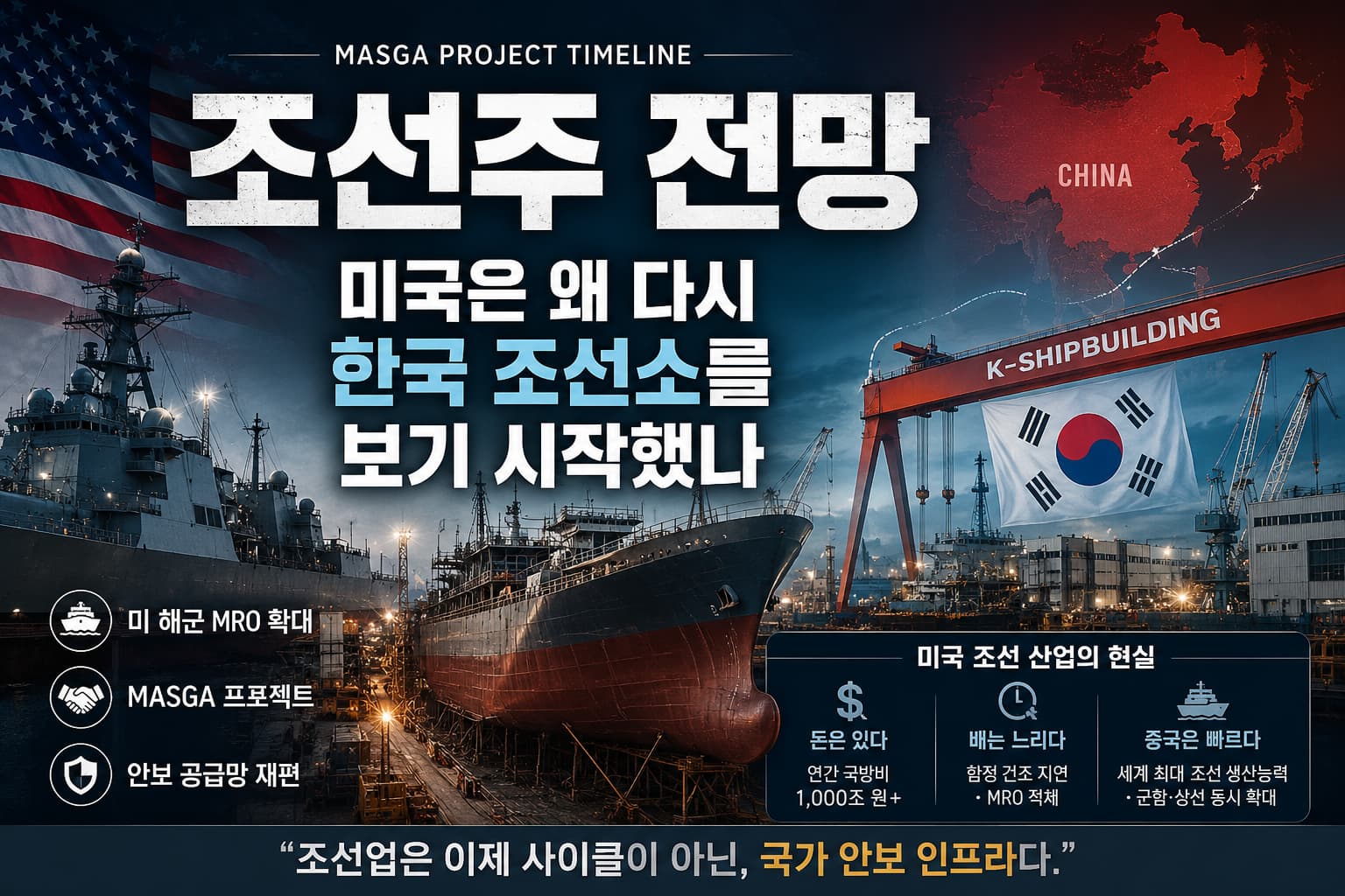 조선주 전망과 MASGA 프로젝트 타임라인, 미국 해군 MRO와 한국 조선업 안보 공급망 변화 인포그래픽