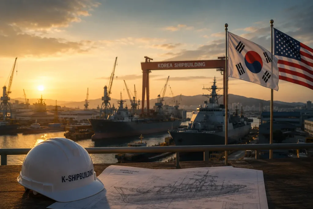 미국과 한국 국기가 걸린 조선소 전경과 군함, 미국 해군 MRO와 한국 조선업 협력을 상징하는 이미지