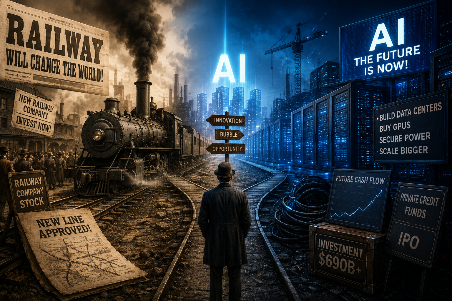 철도 버블과 AI 투자 버블을 비교한 이미지. 19세기 철도 광풍과 현대 AI 데이터센터 투자 열풍의 공통점을 표현한 대표 이미지.
