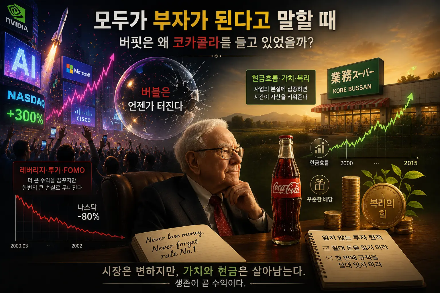 닷컴버블 당시 워런 버핏의 가치투자와 현금흐름 전략을 보여주는 투자 일러스트