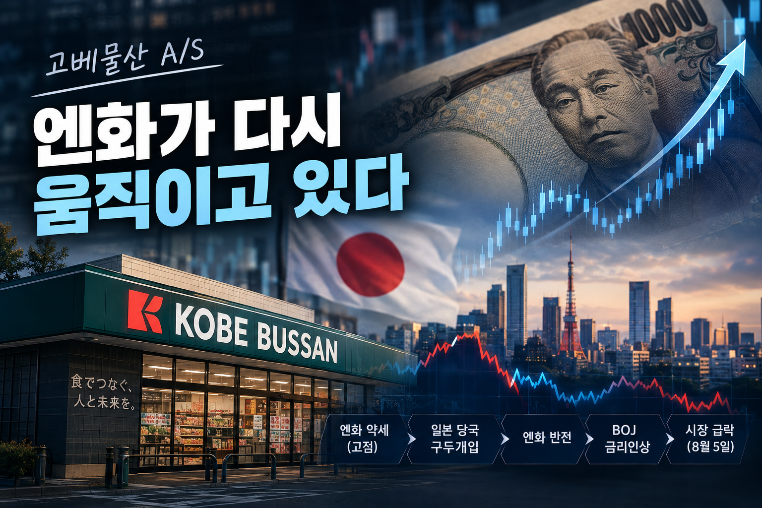 엔화 강세와 엔캐리 청산 가능성을 보여주는 고베물산 투자 분석 이미지